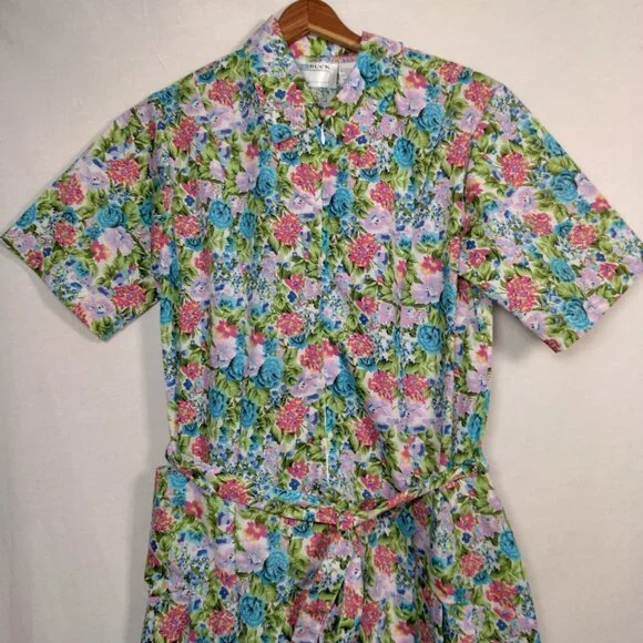 Buck & Buck House Dress Small Floral Pleated Zip Front Short Sleeve Granny - Picture 4 of 16